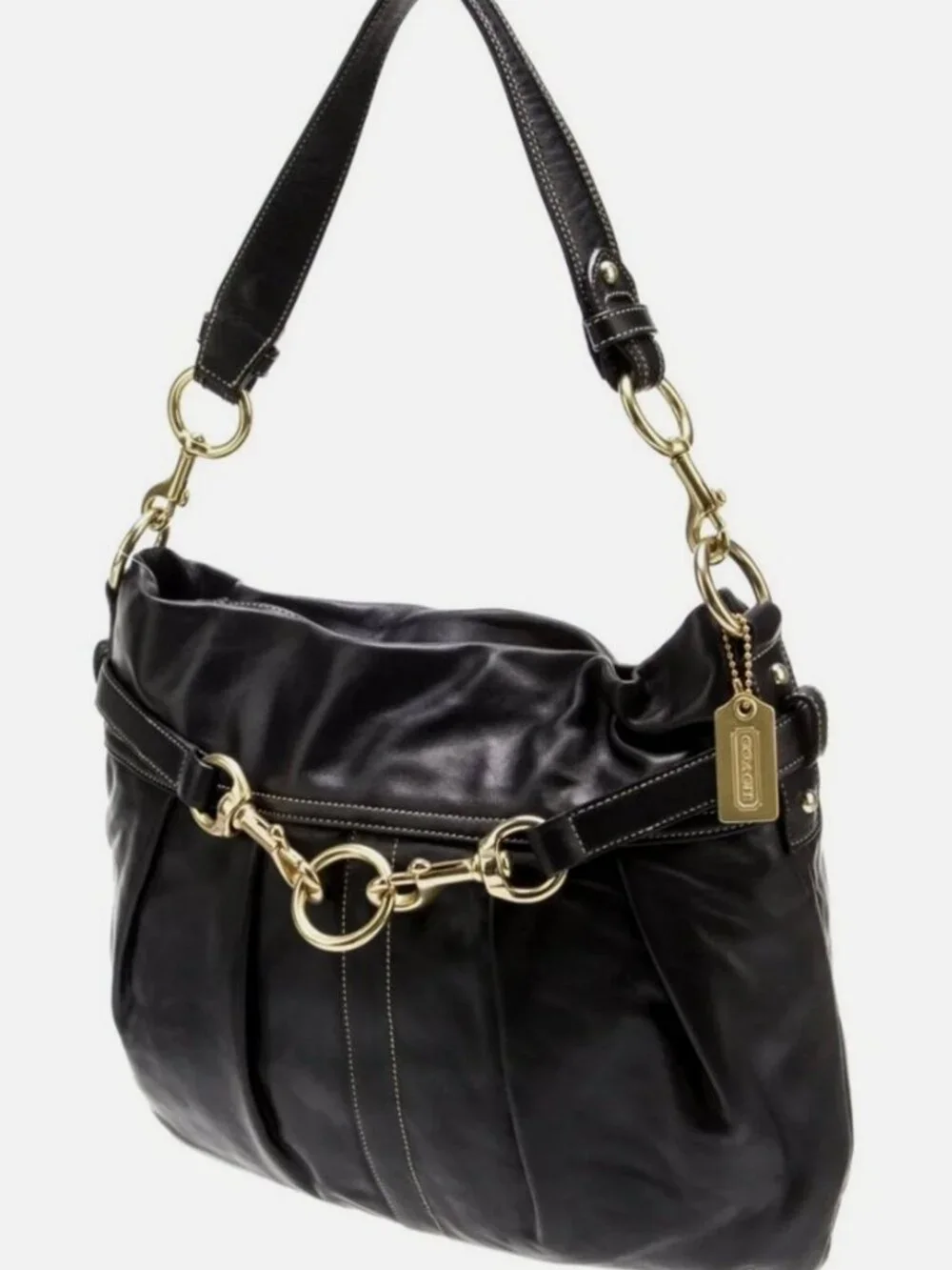 Vintage Coach Hampton Shoulder Bag Pleated Leather Black 8B15 Zipper Gold Charm
